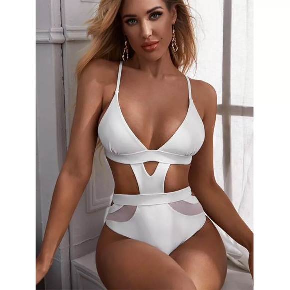 NWT cut out swimsuit XL M S white sexy monokini mesh high leg cage cut out mesh - Picture 2 of 8